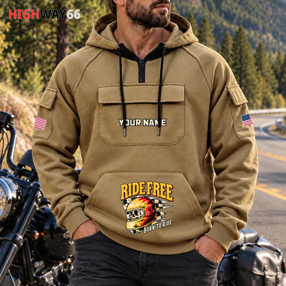Ride Free Motorcycle Personalized Men's Half Zip Hoodie with Arm Pockets Front TG03