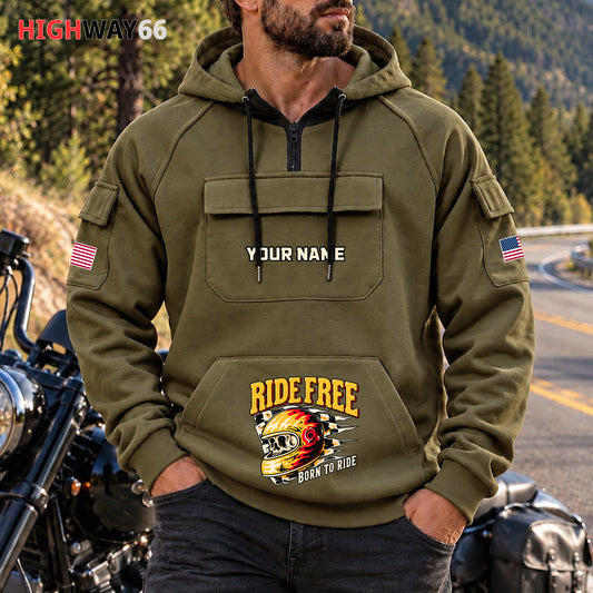 Ride Free Motorcycle Personalized Men's Half Zip Hoodie with Arm Pockets Front TG03