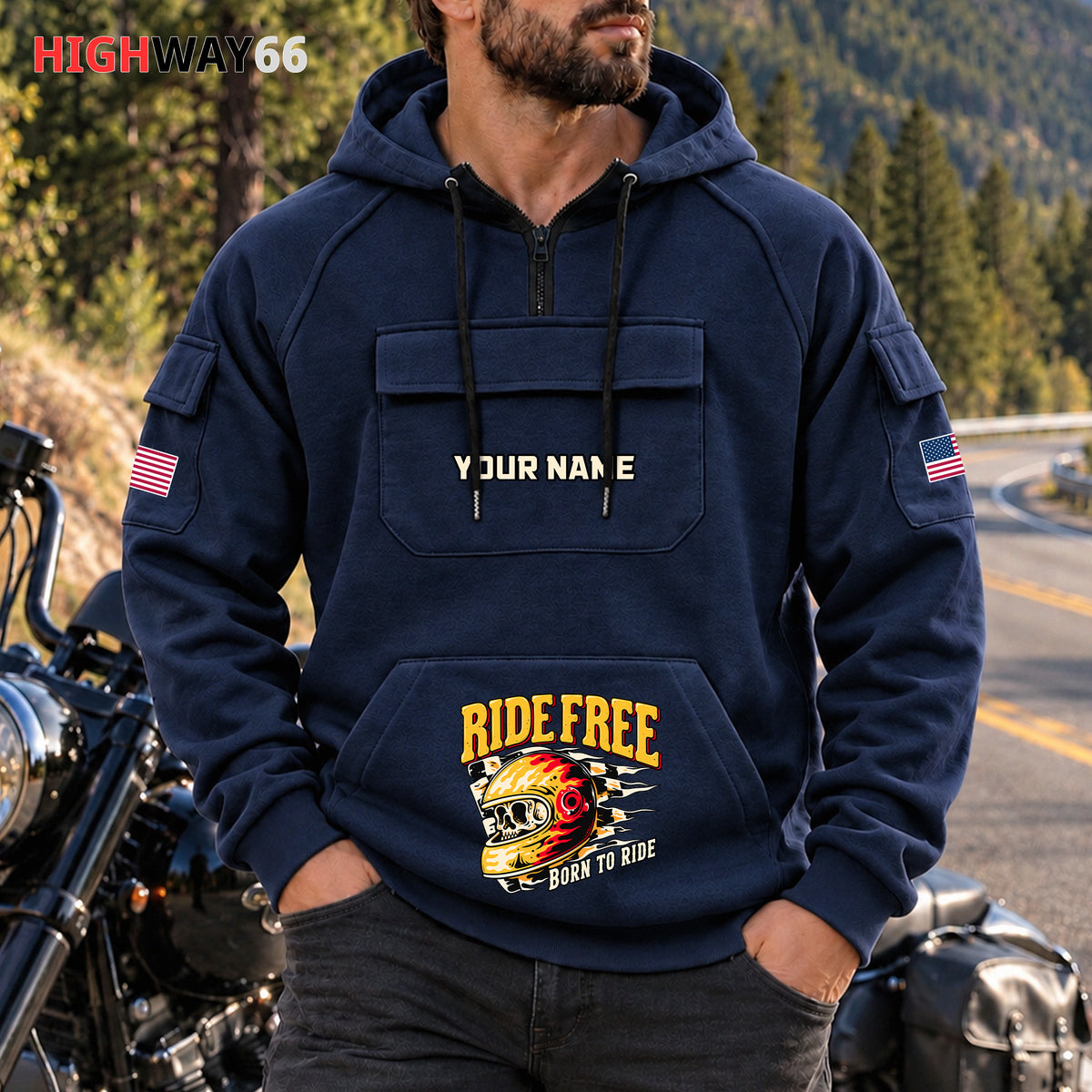 Ride Free Motorcycle Personalized Men's Half Zip Hoodie with Arm Pockets Front TG03