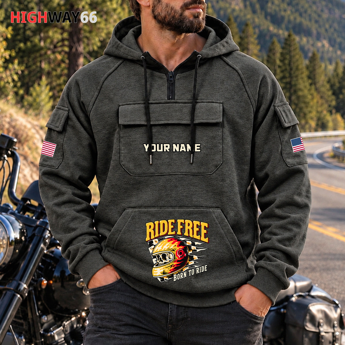 Ride Free Motorcycle Personalized Men's Half Zip Hoodie with Arm Pockets Front TG03
