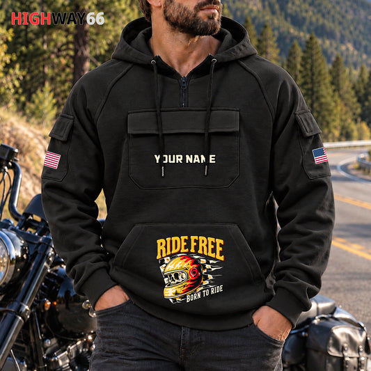 Ride Free Motorcycle Personalized Men's Half Zip Hoodie with Arm Pockets Front TG03