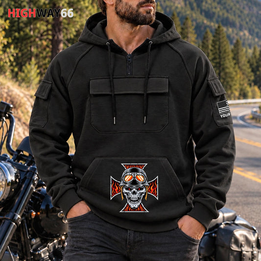 Pocket & Skull Personalized Men's Half Zip Hoodie with Arm Pockets Front TG04