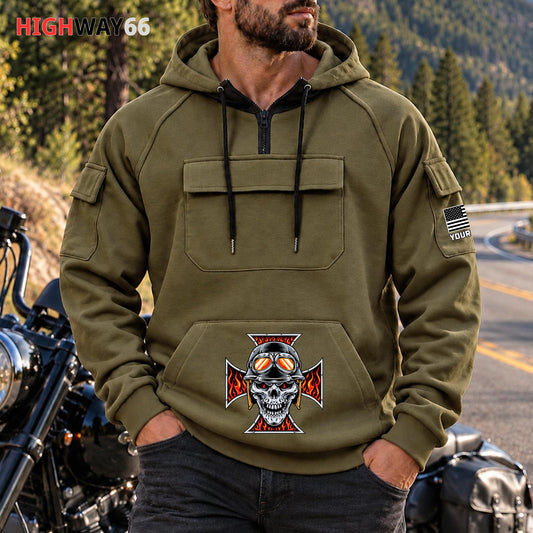 Pocket & Skull Personalized Men's Half Zip Hoodie with Arm Pockets Front TG04