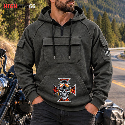 Pocket & Skull Personalized Men's Half Zip Hoodie with Arm Pockets Front TG04