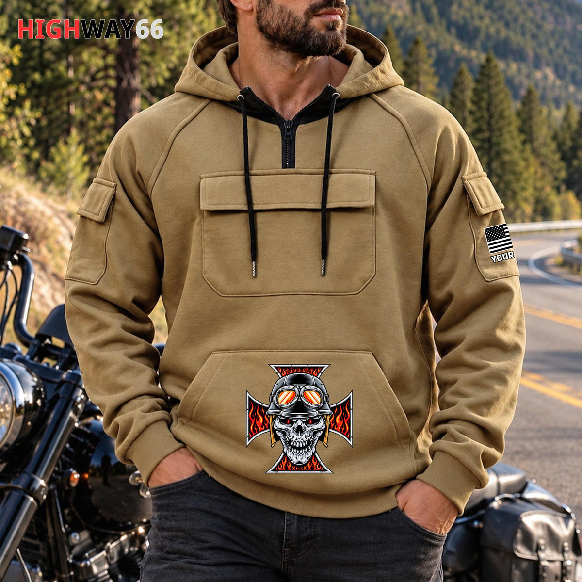 Pocket & Skull Personalized Men's Half Zip Hoodie with Arm Pockets Front TG04