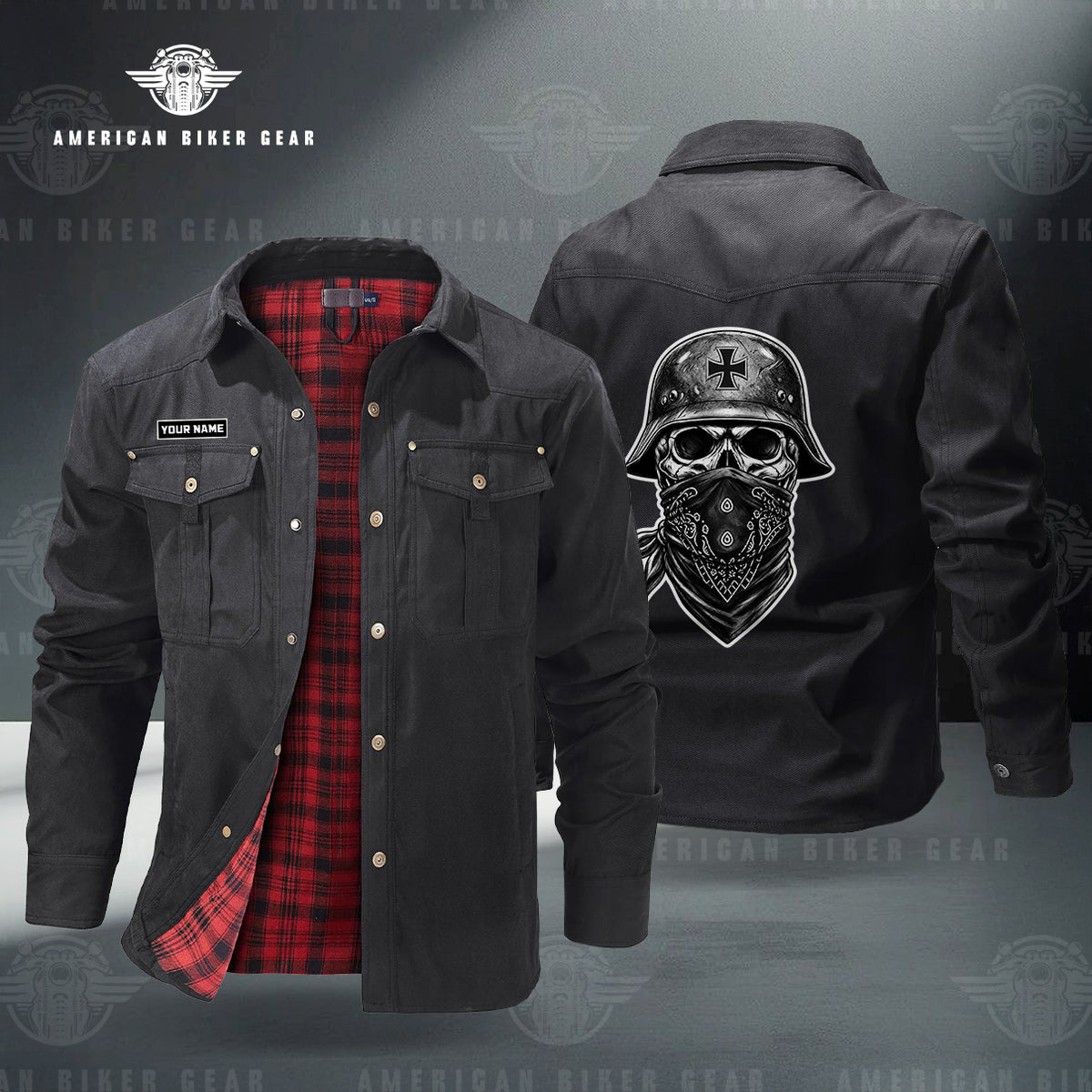 Skull & Helmet Back Print Personalized Men's Jackets Flannel Lined TG15