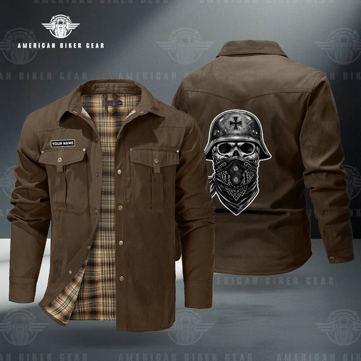 Skull & Helmet Back Print Personalized Men's Jackets Flannel Lined TG15