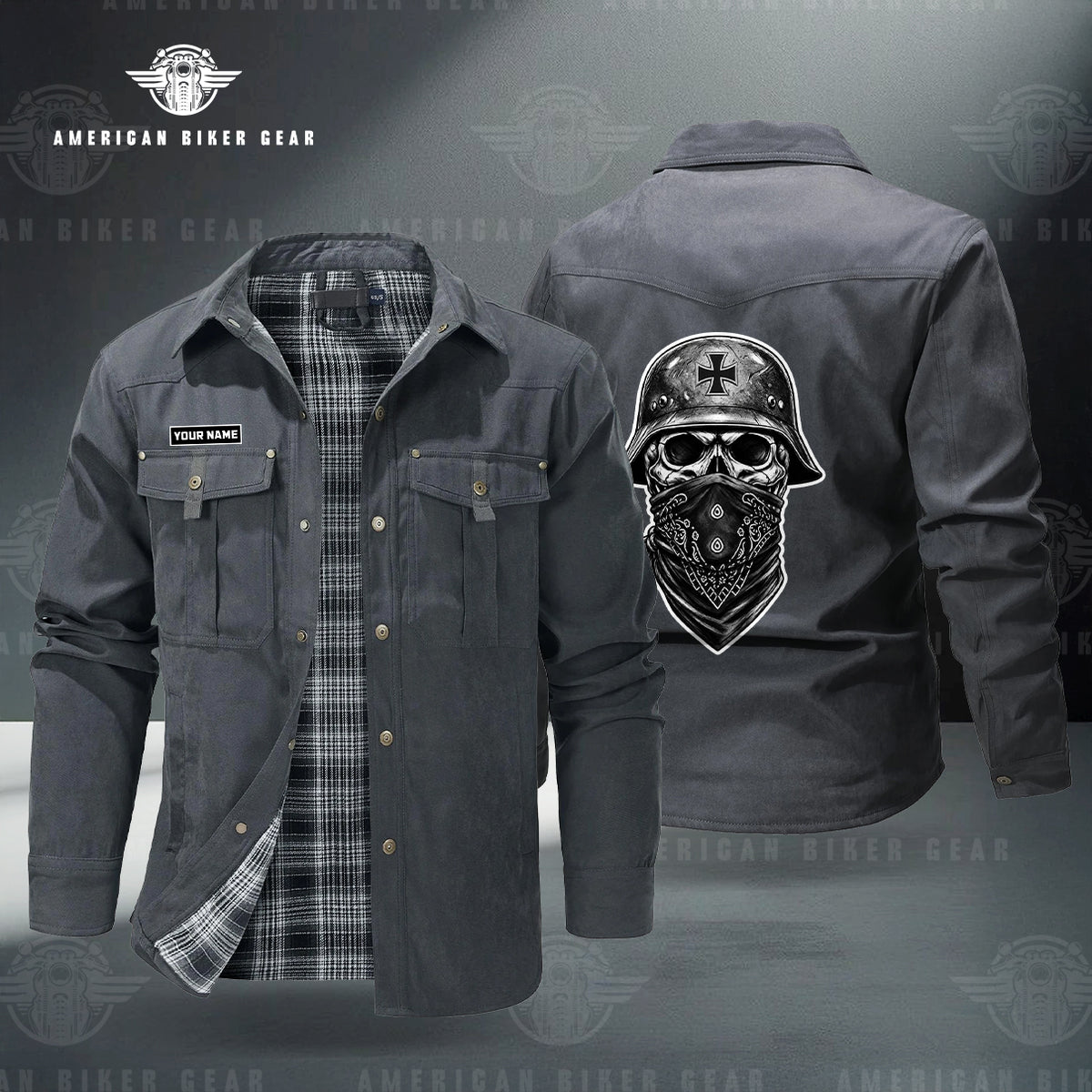 Skull & Helmet Back Print Personalized Men's Jackets Flannel Lined TG15