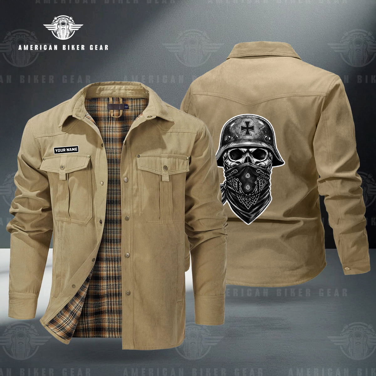 Skull & Helmet Back Print Personalized Men's Jackets Flannel Lined TG15