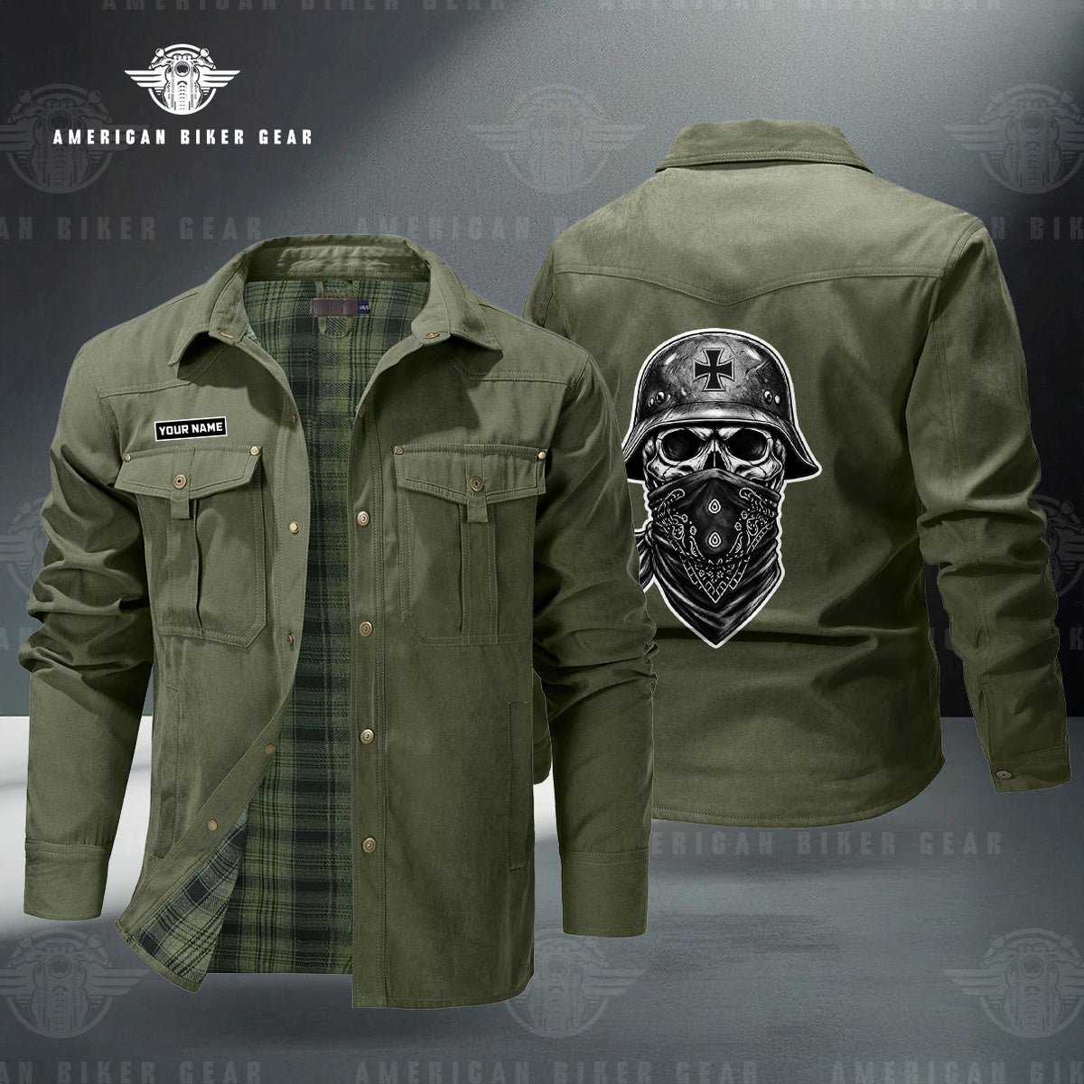 Skull & Helmet Back Print Personalized Men's Jackets Flannel Lined TG15