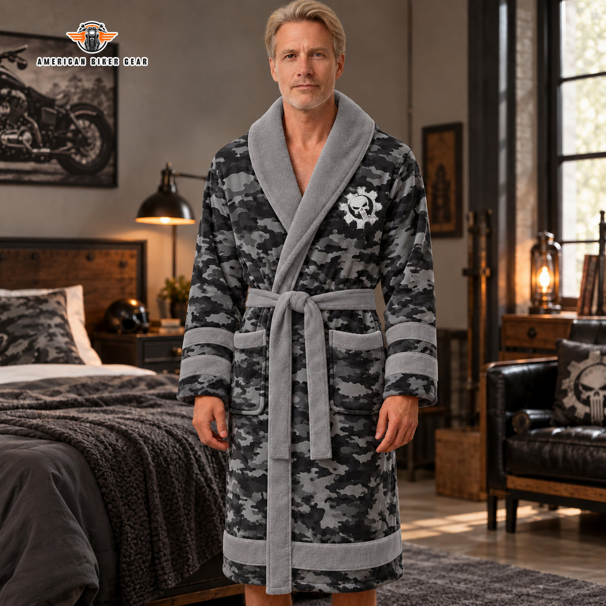 Skull Gear Emblem with Camo Print Bathrobes TG10