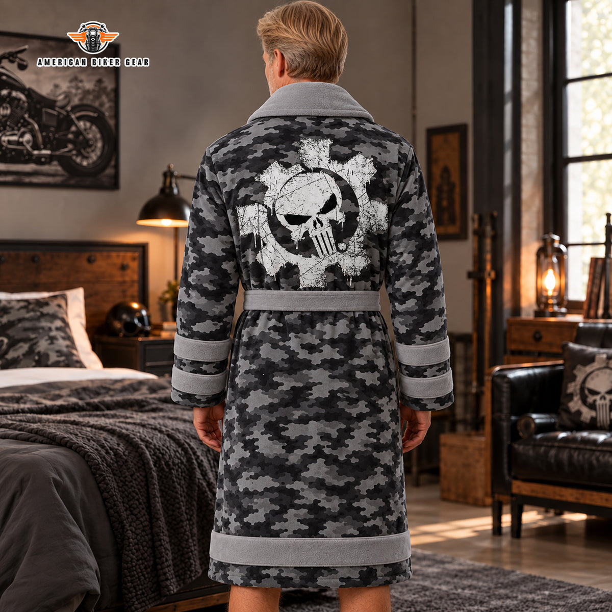 Skull Gear Emblem with Camo Print Bathrobes TG10