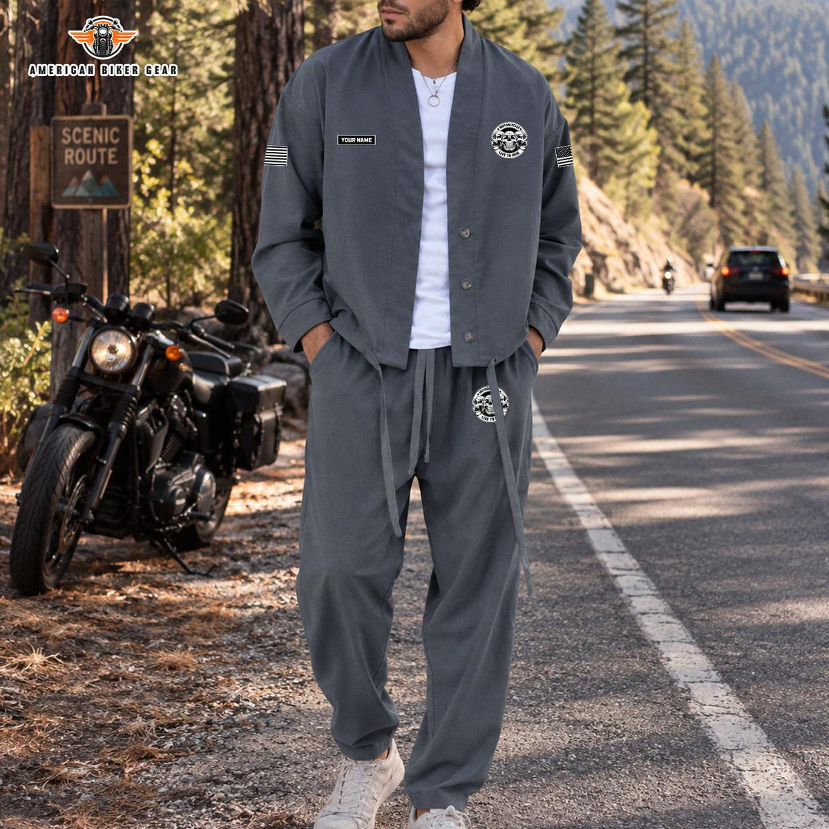 American Biker Skull Print Personalized Combo Men's Cardigan Jacketsand Solid Jogger TG07
