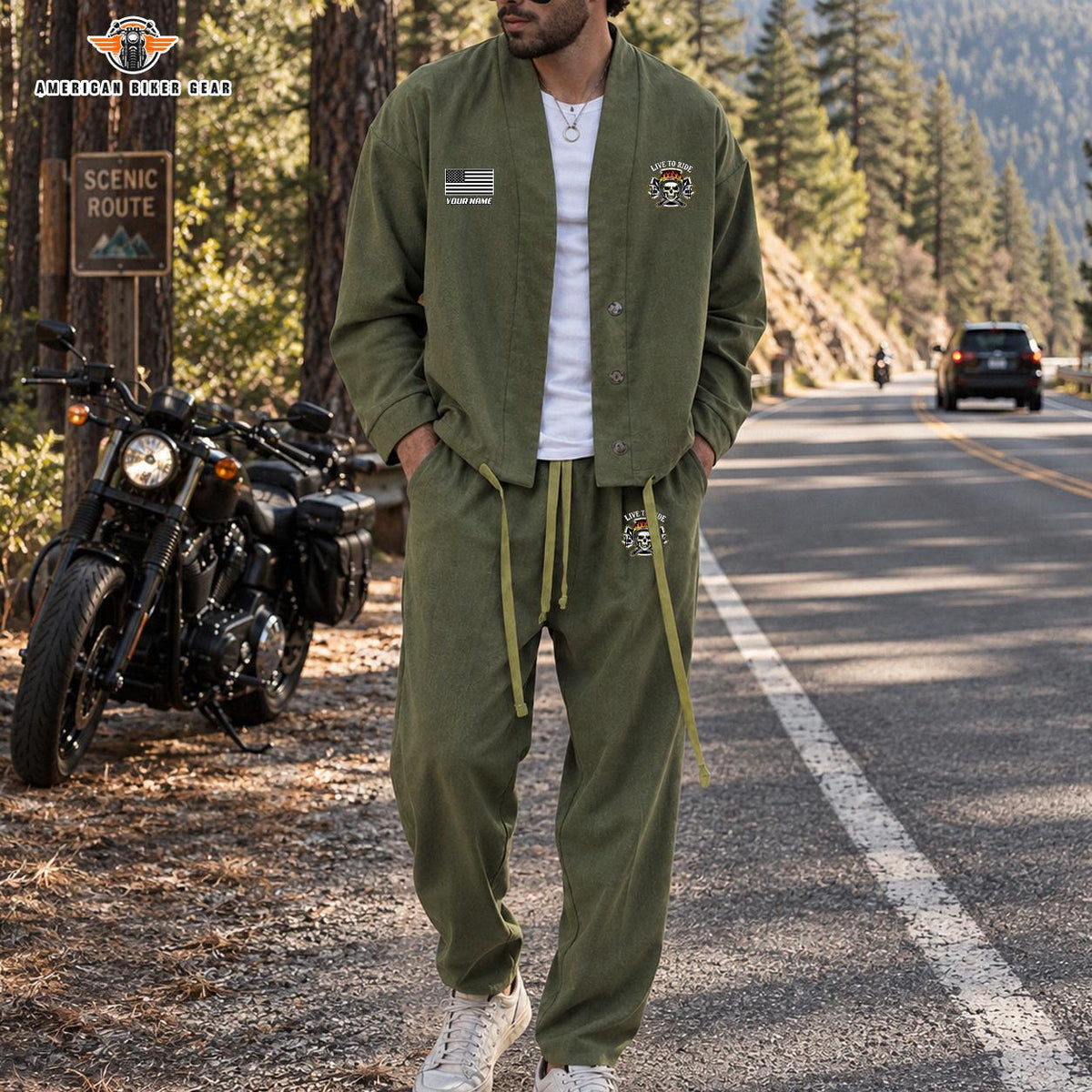 American Flag & Live to Ride Skull Personalized Combo Men's Cardigan Jacketsand Solid Jogger TG08