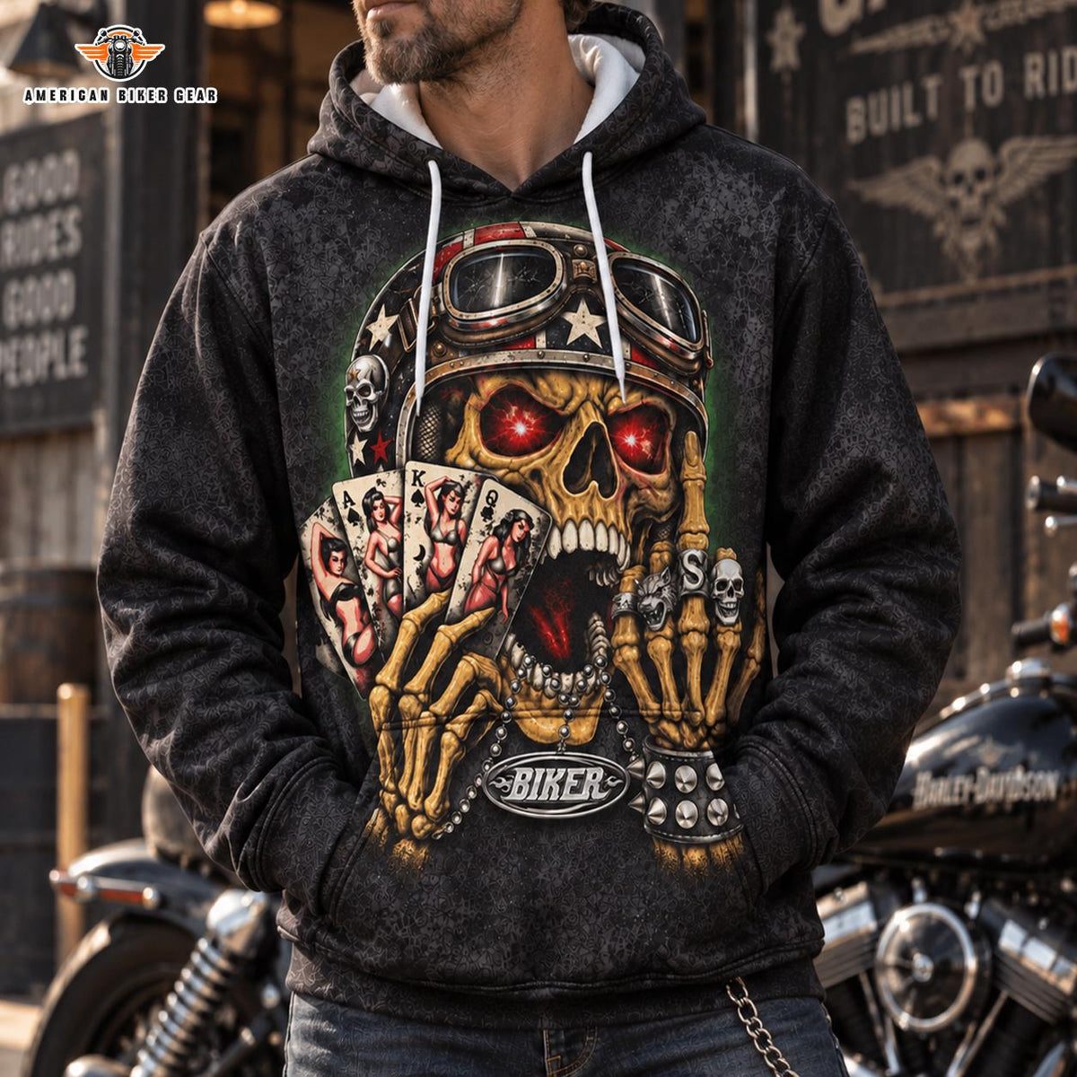 American Biker Gear Skull & Poker Cards Heavy Blend Hooded Sweatshirt TG07