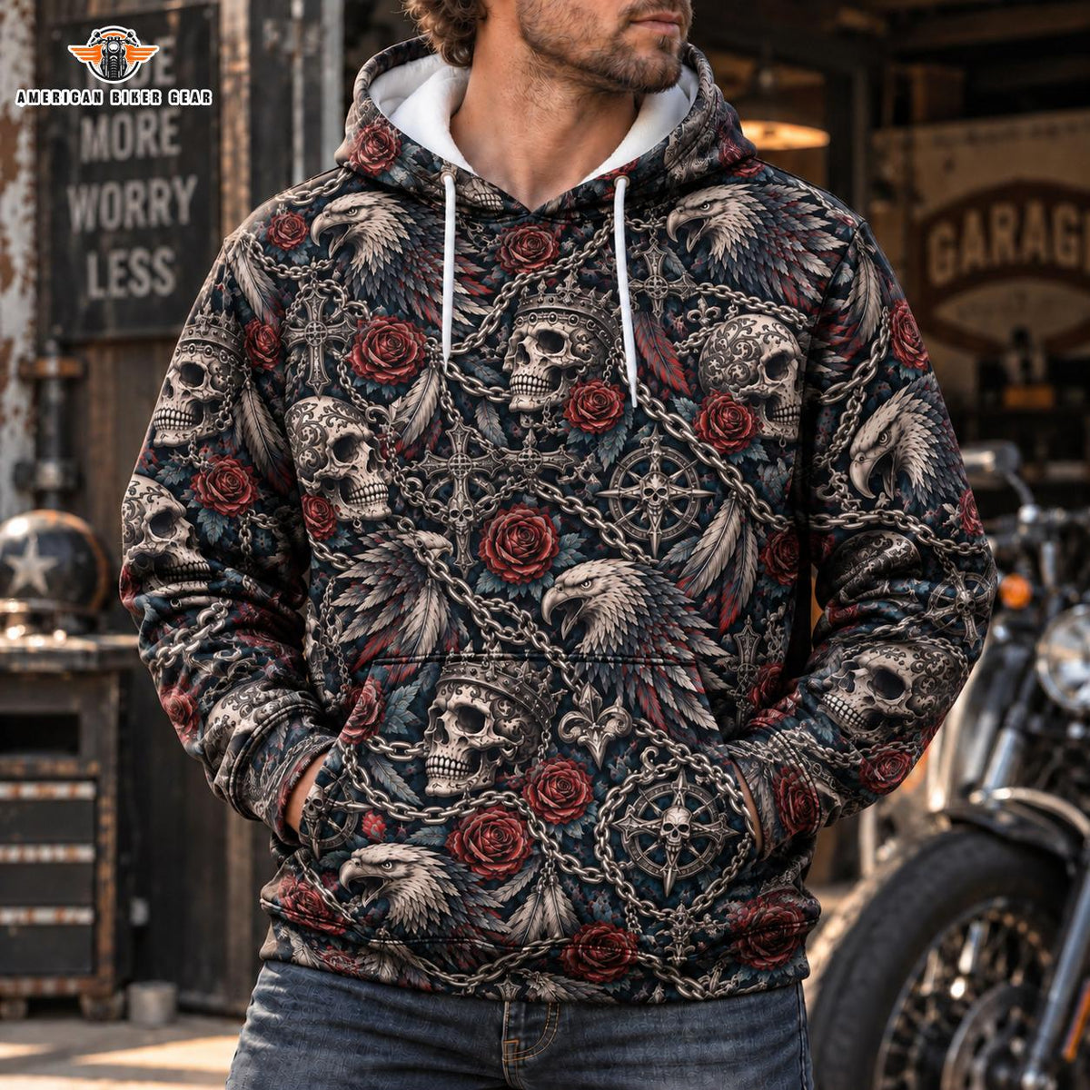Biker Eagle & Sugar Skull Heavy Blend Hooded Sweatshirt TG08