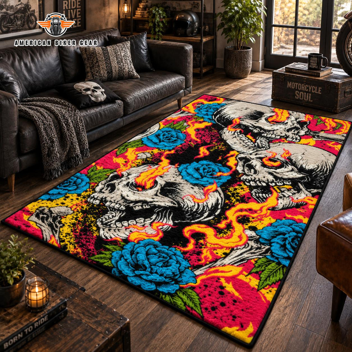 Skull & Blue Roses Biker Faux Cashmere Area Rug TG08