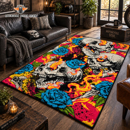 Skull & Blue Roses Biker Faux Cashmere Area Rug TG08