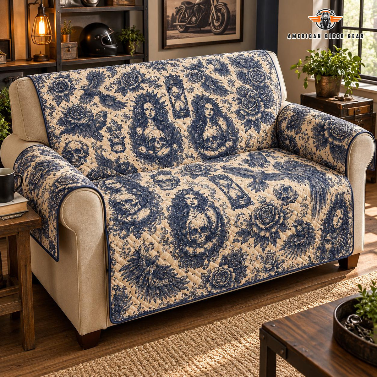 Gothic Floral Skull Quilted Seat Sofa TG15