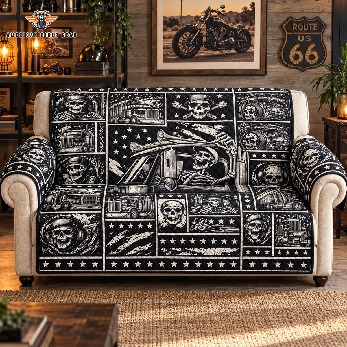 Route 66 Vintage Skull & Big Rig Quilted Seat Sofa TG16