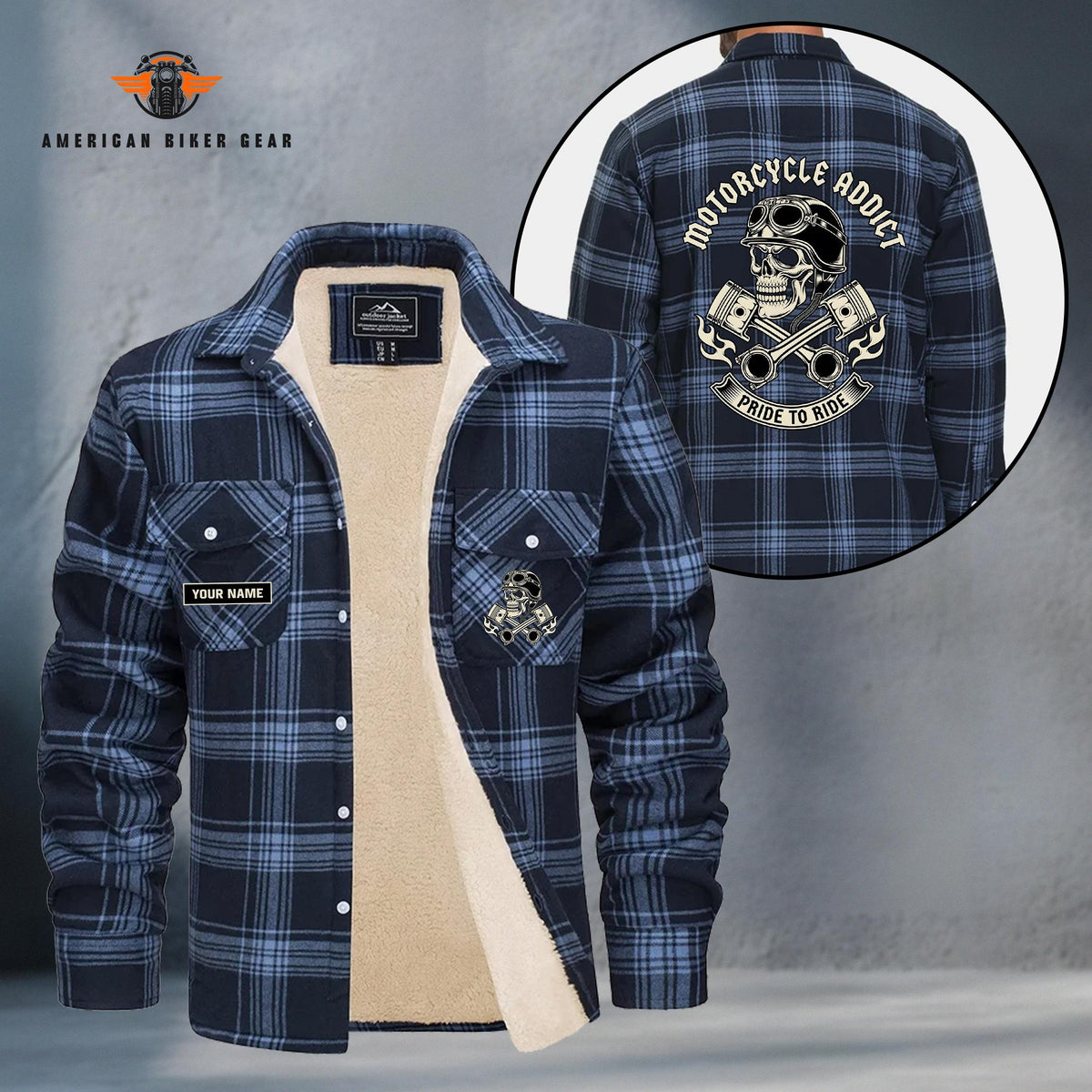 Motorcycle Addict Skull Personalized Fleece Flannel Plaid Jacket TN20