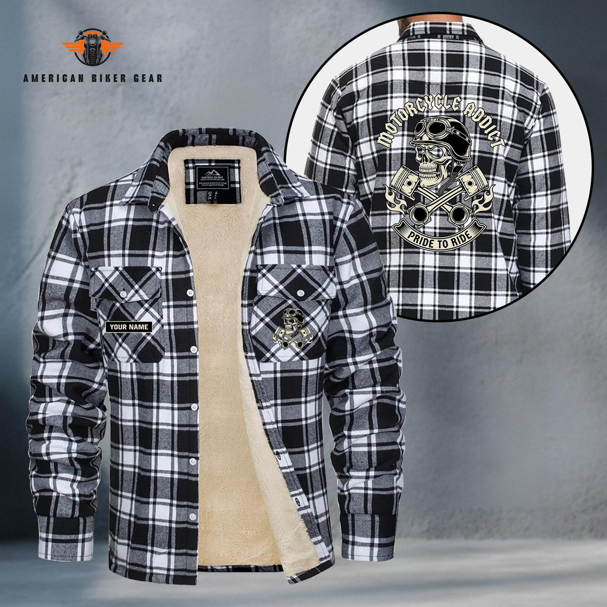 Motorcycle Addict Skull Personalized Fleece Flannel Plaid Jacket TN20