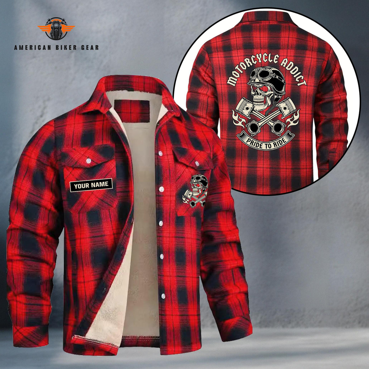 Motorcycle Addict Skull Personalized Fleece Flannel Plaid Jacket TN20