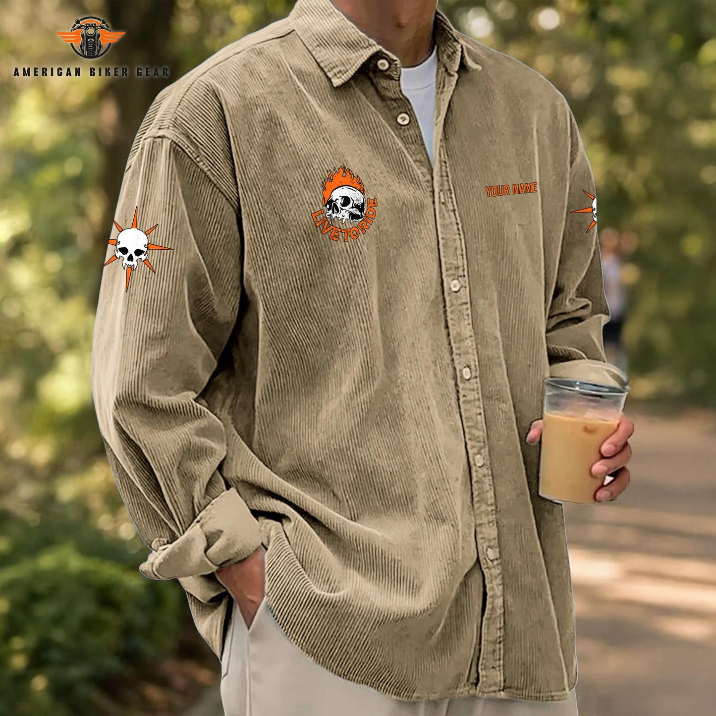 Biker Personalized Corduroy Shirt Button Long Sleeves TN04
