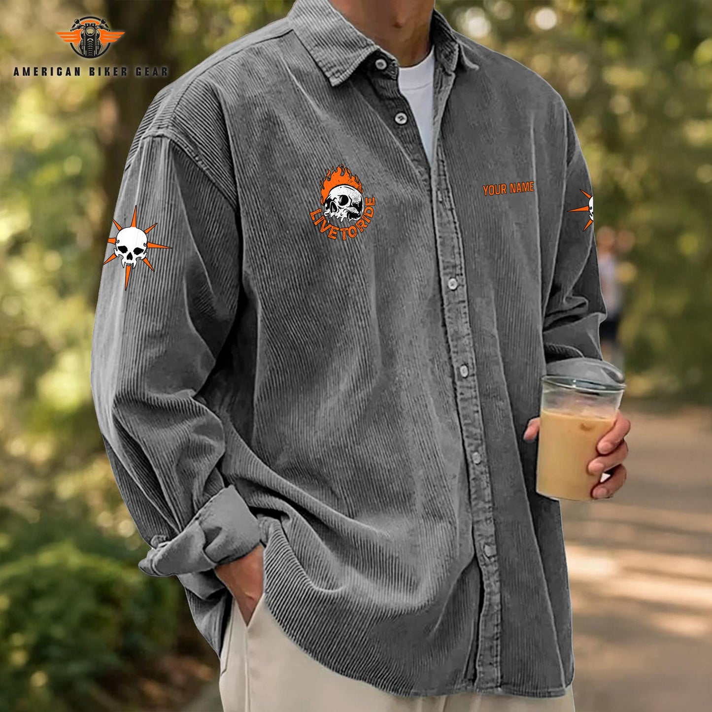 Biker Personalized Corduroy Shirt Button Long Sleeves TN04