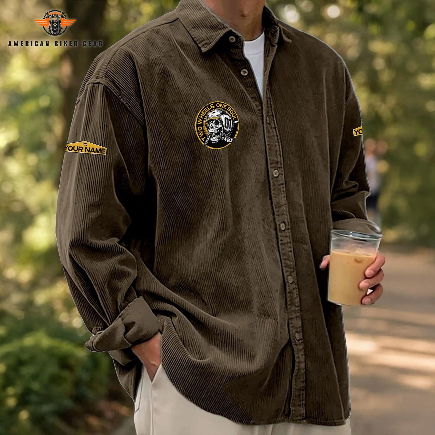 Biker Personalized Corduroy Shirt Button Long Sleeves TN05