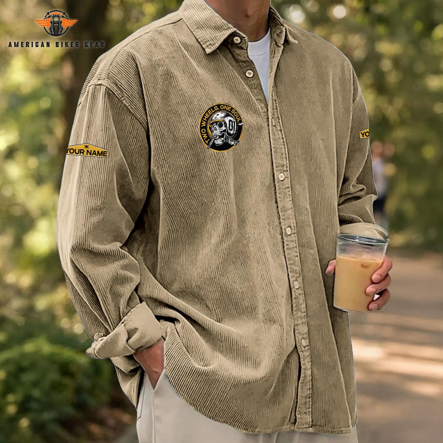 Biker Personalized Corduroy Shirt Button Long Sleeves TN05