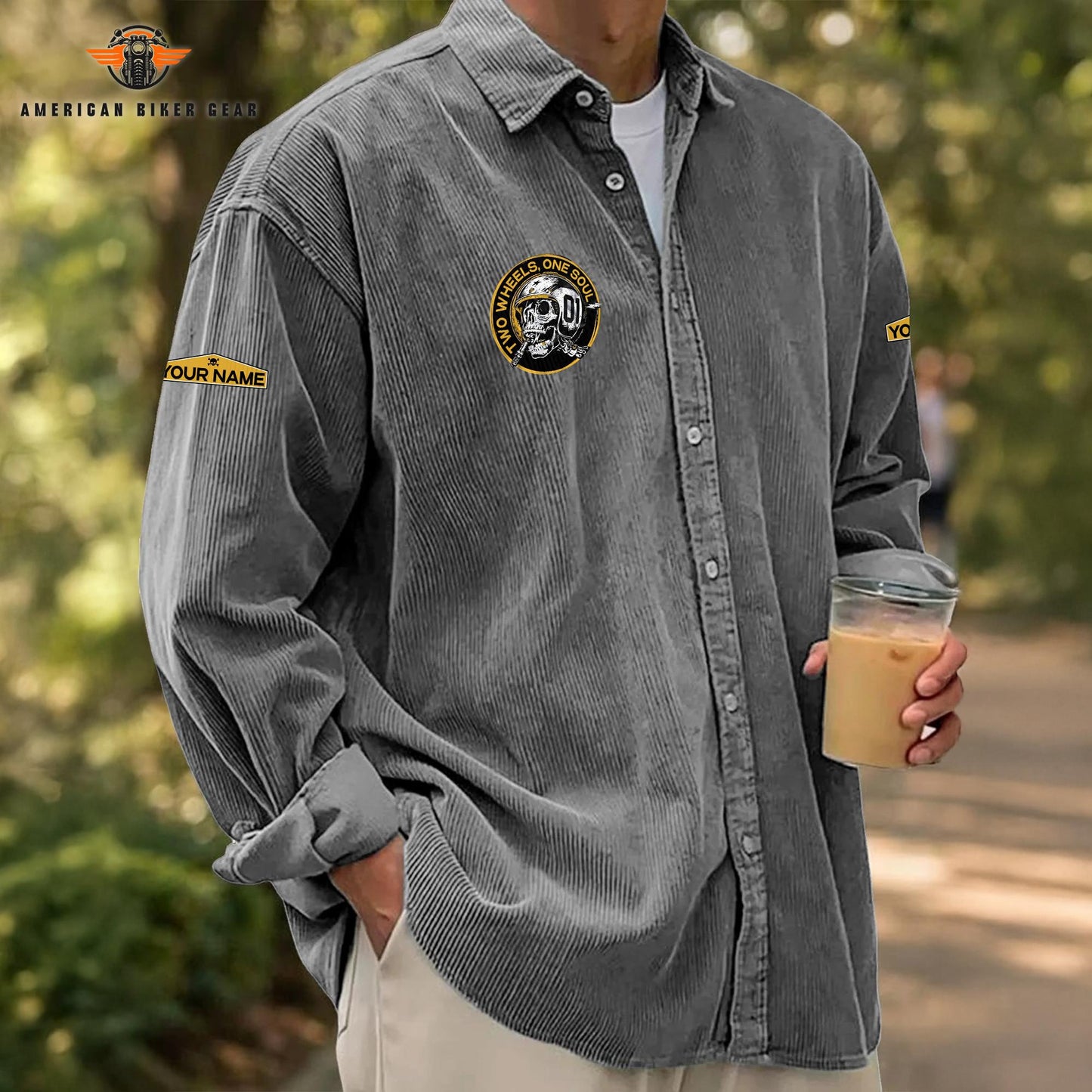 Biker Personalized Corduroy Shirt Button Long Sleeves TN05