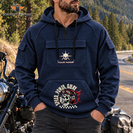 Speed Power Glory Skull Personalized Men's Half Zip Hoodie with Arm Pockets Front TN01