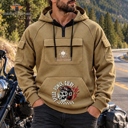 Speed Power Glory Skull Personalized Men's Half Zip Hoodie with Arm Pockets Front TN01