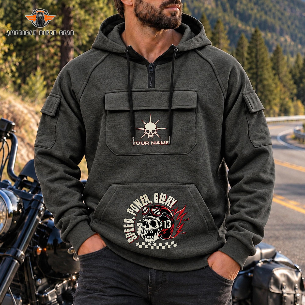 Speed Power Glory Skull Personalized Men's Half Zip Hoodie with Arm Pockets Front TN01