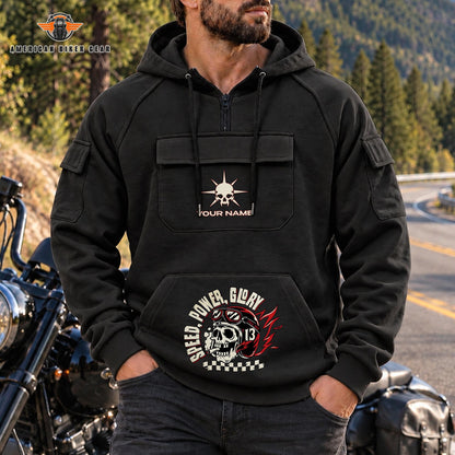 Speed Power Glory Skull Personalized Men's Half Zip Hoodie with Arm Pockets Front TN01