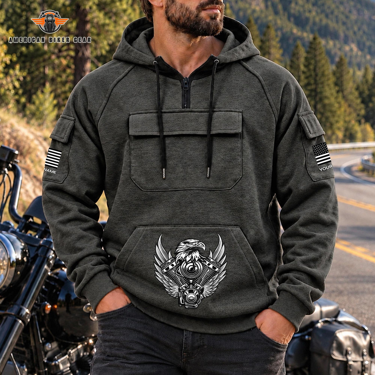 Eagle Engine & American Flag Personalized Men's Half Zip Hoodie with Arm Pockets Front TN02