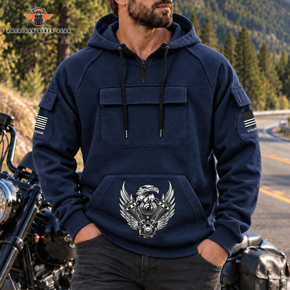 Eagle Engine & American Flag Personalized Men's Half Zip Hoodie with Arm Pockets Front TN02