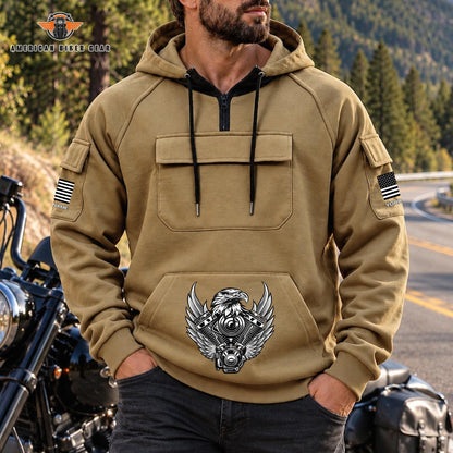 Eagle Engine & American Flag Personalized Men's Half Zip Hoodie with Arm Pockets Front TN02