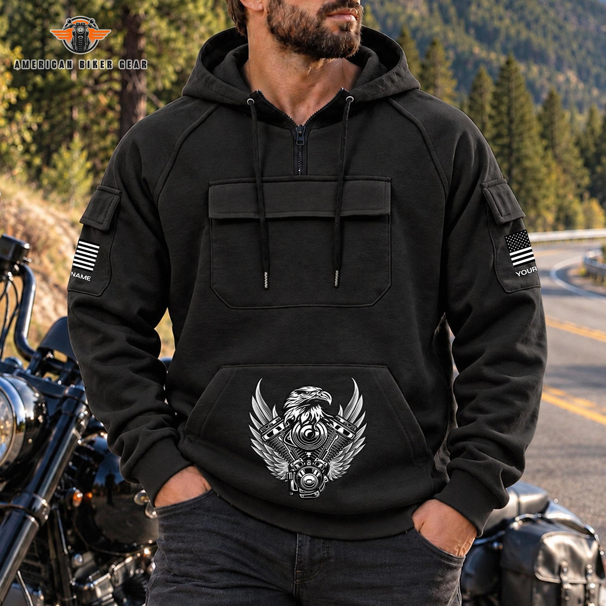 Eagle Engine & American Flag Personalized Men's Half Zip Hoodie with Arm Pockets Front TN02