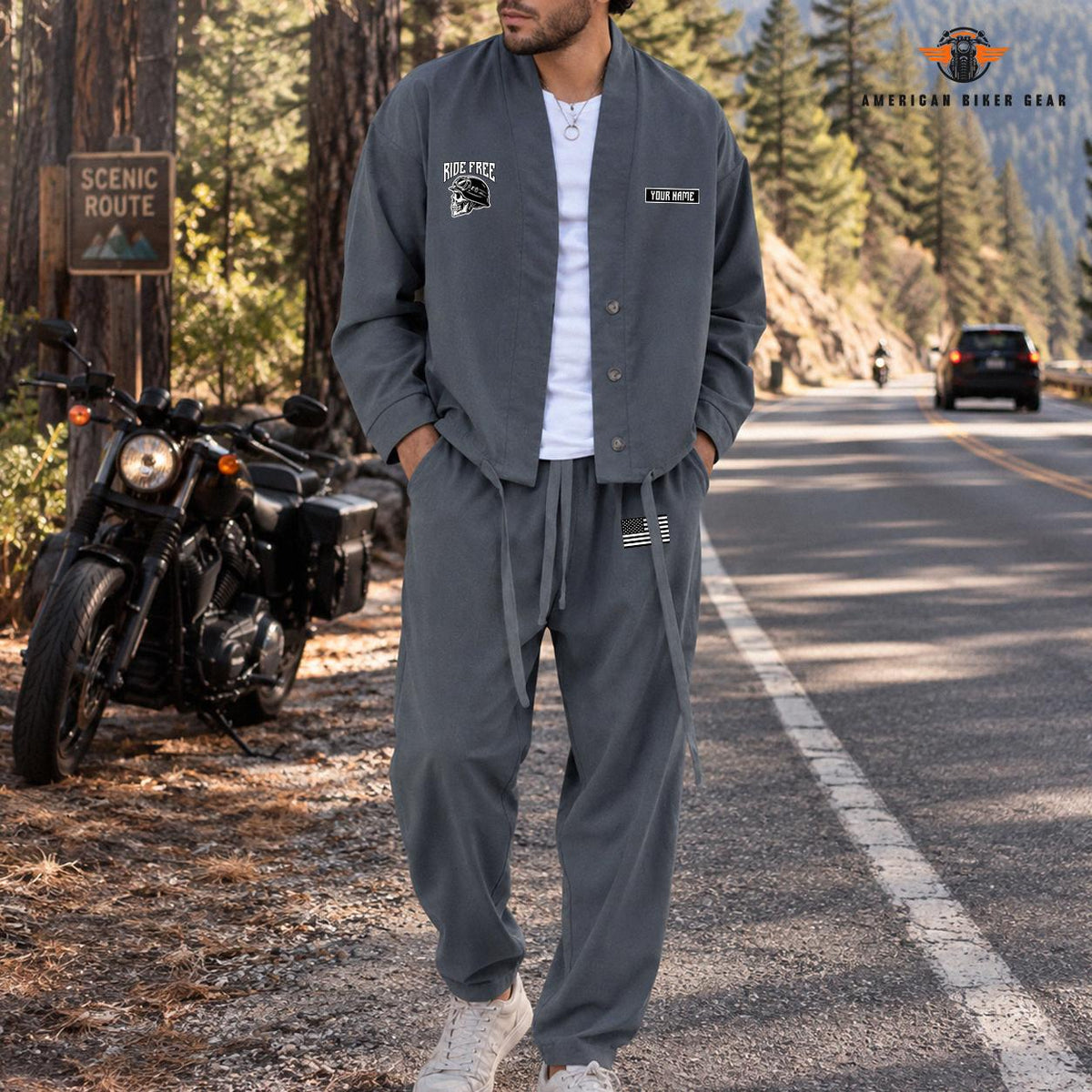 Ride Free Skull Graphic Personalized Combo Men's Cardigan Jacketsand Solid Jogger TN05