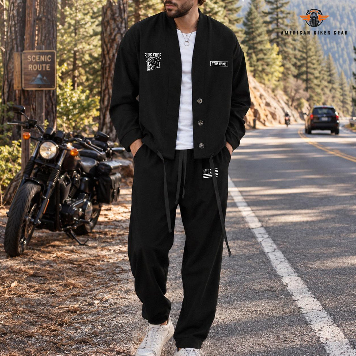 Ride Free Skull Graphic Personalized Combo Men's Cardigan Jacketsand Solid Jogger TN05