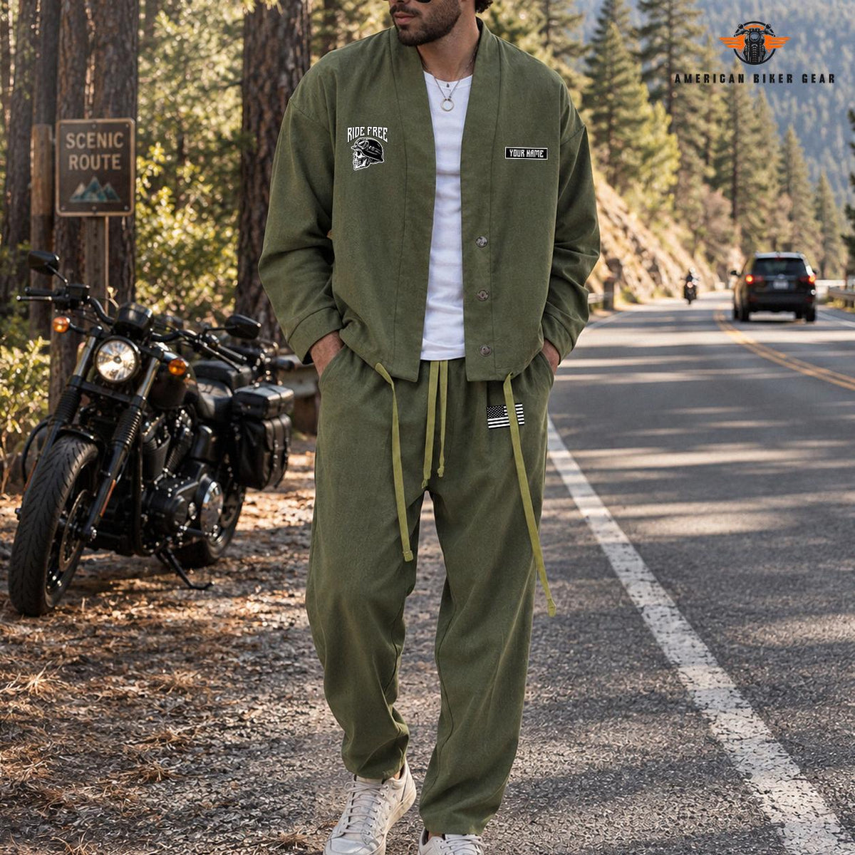 Ride Free Skull Graphic Personalized Combo Men's Cardigan Jacketsand Solid Jogger TN05