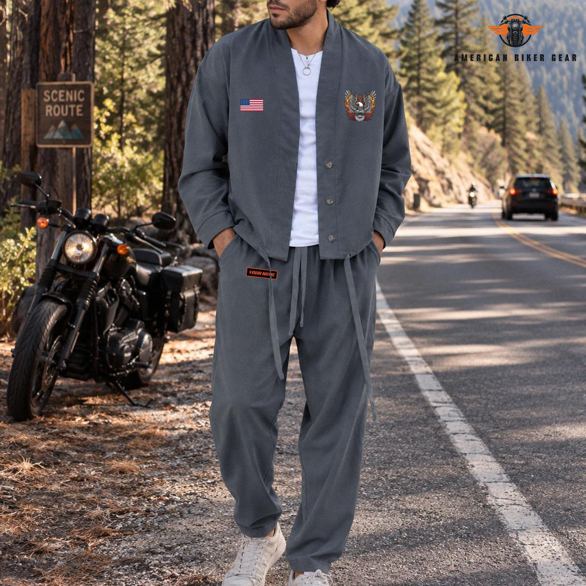 American Biker Eagle Graphic Personalized Combo Men's Cardigan Jacketsand Solid Jogger TN06