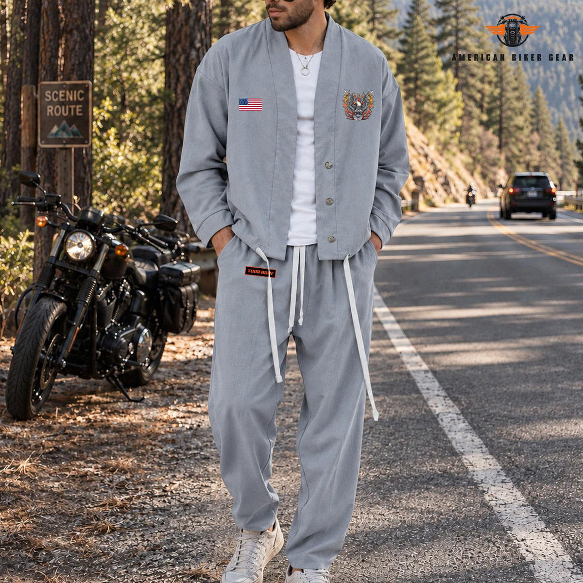 American Biker Eagle Graphic Personalized Combo Men's Cardigan Jacketsand Solid Jogger TN06