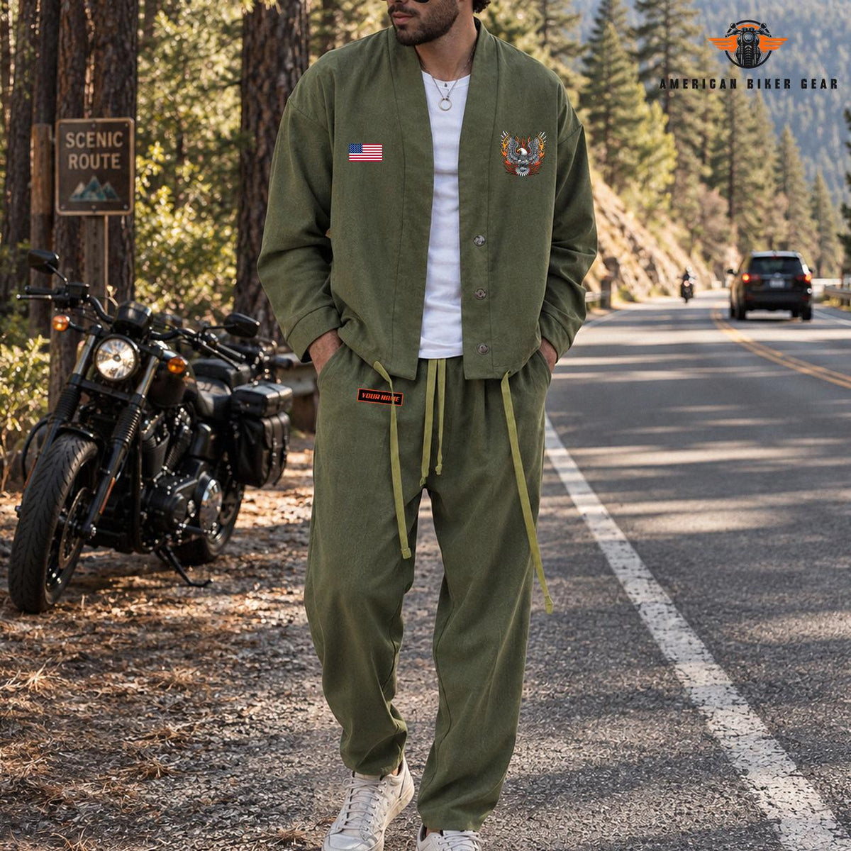 American Biker Eagle Graphic Personalized Combo Men's Cardigan Jacketsand Solid Jogger TN06
