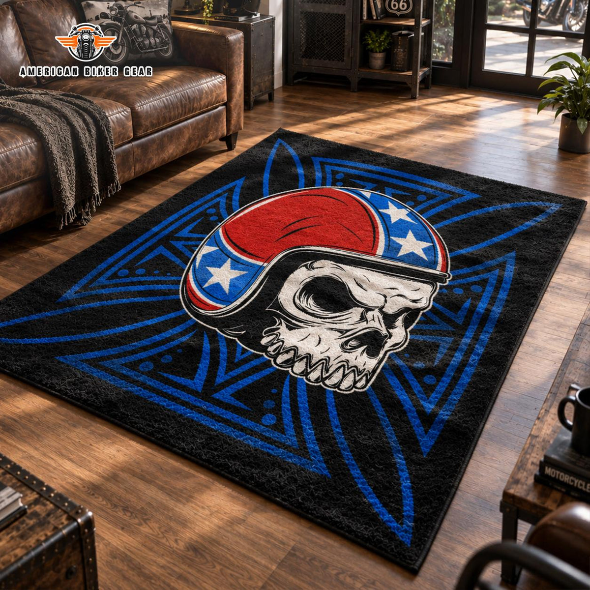 Biker Skull & Helmet Faux Cashmere Area Rug TN06