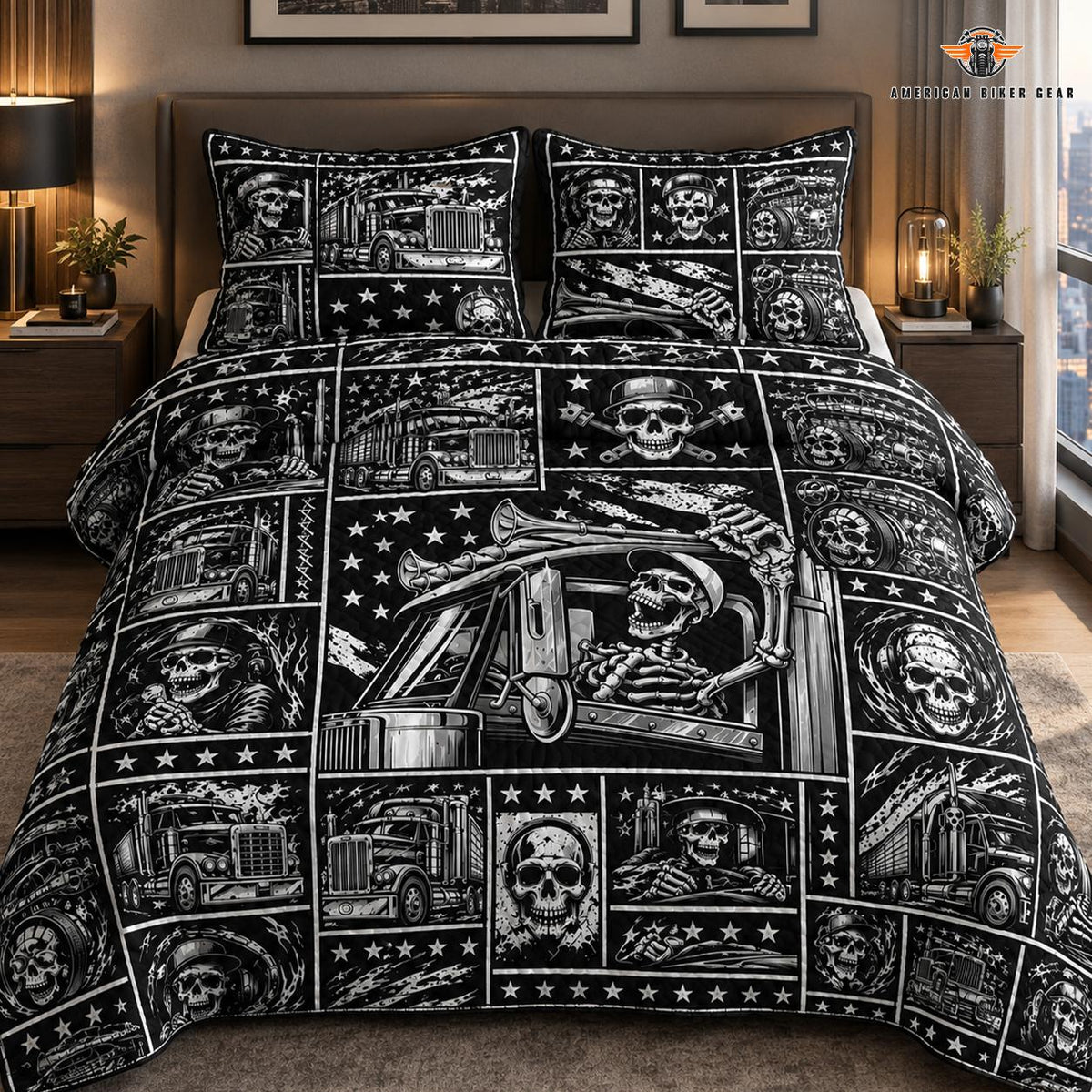 Biker Skull & Semi Truck Quilted Bedding Set TN06