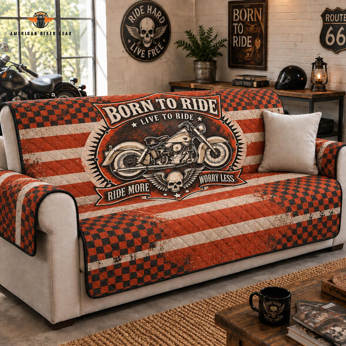 Classic Biker Skull & Motorcycle Quilted Seat Sofa TN06