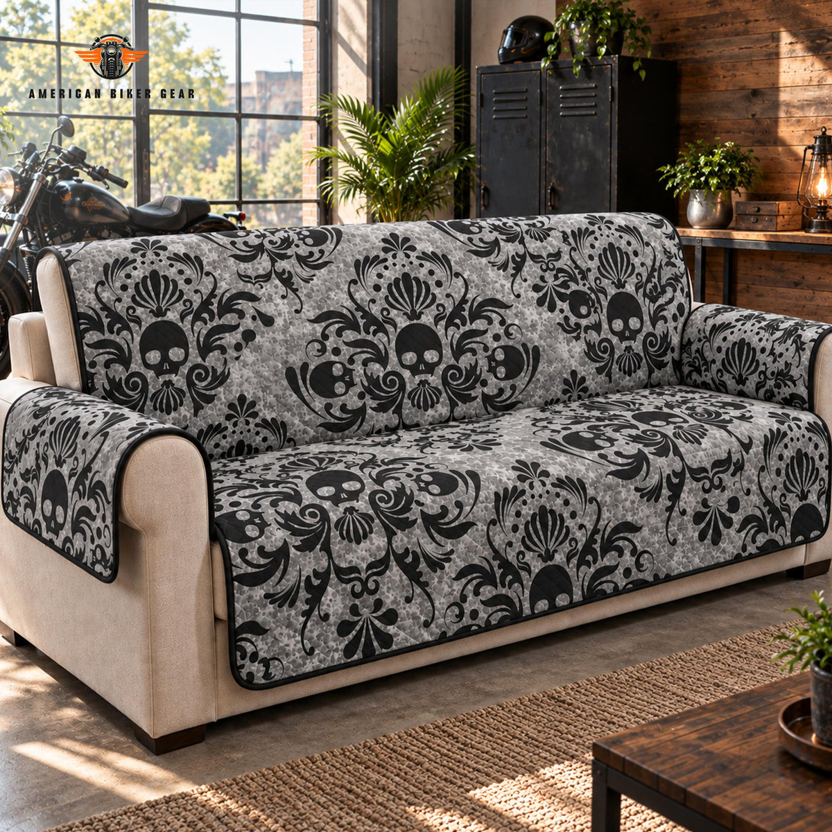 Gothic Skull Damask Quilted Seat Sofa TN08